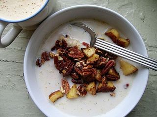 slow cooked steel cut oats, apples sauteed in butter and nutmeg, toasted pecans, and almond milk, and butter coffee