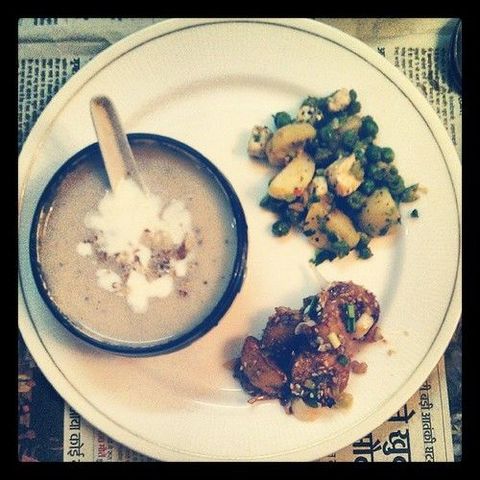 Cauliflower soup with walnut + honey chilli potatoes + paneer potato peas salad