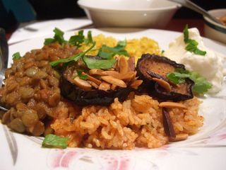 Eggplant Turnovers, Tomato Rice, Lentils and Saffron Rice - Moroccan Soup Bar