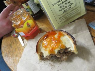 Taste sensation! local Henderson Butcher's scotch pie and a good dollup of Galloway Chillies' jam, Sulwath Brewery, Castle Douglas, March 2014