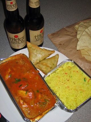 Chicken Bhuna, Samosas, Indian beer and rice from Curry In a Hurry, Edinburgh (aka The Raj restaurant in Leith)