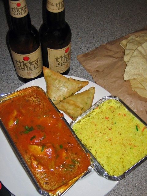 Chicken Bhuna, Samosas, Indian beer and rice from Curry In a Hurry, Edinburgh (aka The Raj restaurant in Leith)