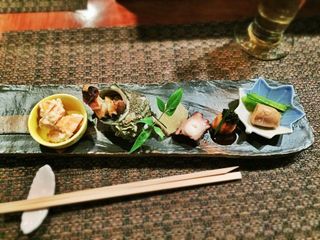 Persimmons + tofu, conch, red snapper aspic, braised octopus, ankimo + caviar, cod egg sack + spinach