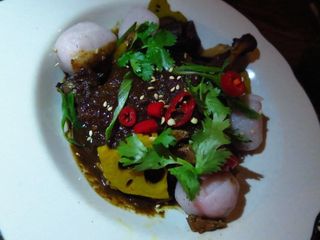 Pato de Cabidela (Duck Stew)-taro, lotus, molho de sangue (blood sauce)