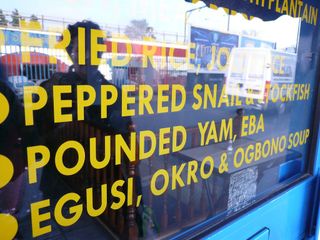 Peppered Snails and Stockfish restaurant sign, Hackney, London, UK.JPG