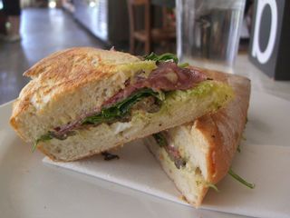 Salami, goats cheese, grilled eggplant and pesto baguette - Healesville Harvest AUD8