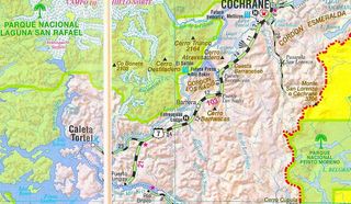Mapa Carretera Austral: tramo Cochrane hacia Caleta Tortel (Región de Aysén, Chile).
