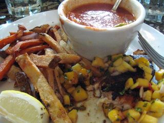 Blackened catfish w/fruit salsa - Tortilla soup - Sweet potato & regular fries