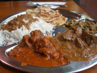 Lamb Rogan Josh, Goat Curry, Spinach and Beans with half-rice and 1 roti - Zam Zam AUD8