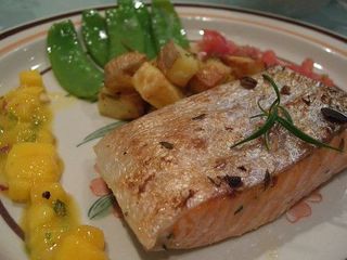 Thyme and Garlic Grilled Salmon with Mango Salsa, Rosemary Potatoes and Snow Peas