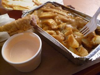 Curry Chips, Battered Sausage, Taco Sauce.