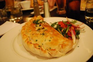 Calzone with salami, roasted tomatoes, capsicum, spinach - The Lounge Downstairs AUD10 lunch including drink