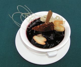 Mazamorra Morada (purple corn pudding) eaten in Cuzco, Peru, 2002