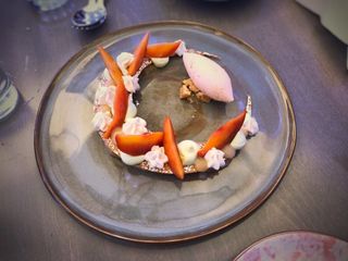 Peche et verveine: poached peach, lemon-verbena cream, pâte sucrée, vanilla chantilly, peach sorbet