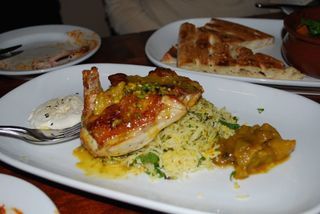 Lemon and saffron roasted chicken on pilaf rice with sesame yoghurt and peach relish - Cafe Mint AUD24.90 main