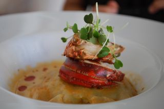 Lobster Medallion, Blue Swimmer Crab and Prawn Raviolo, Lobster Bisque - close-up - d'Arry's Verandah AUD28