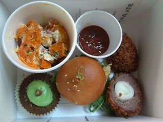Autumn 2007 Lunch Box with Scotch Egg, Pumpkin Feta Salad with Yuzu Dressing Coronation Chicken on Sesame Zopf Roll Pistachio Cup Cake - Cafe Vue