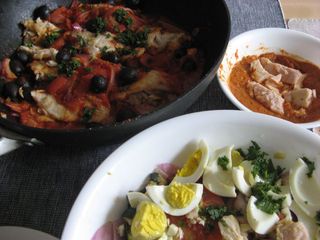 Tunisian cuisine at my house: Fish with onions, olives, and tomatoes, harissa with tuna, and Mechouia Salad