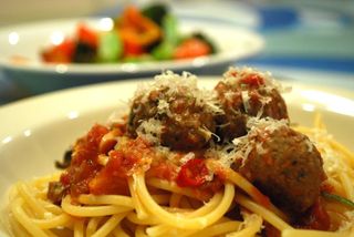 Julia's Spicy Meatballs and Spaghetti - close