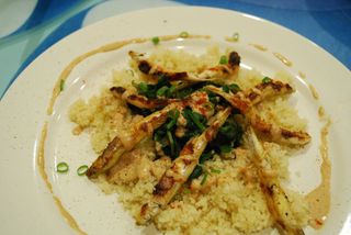 Grilled Whitebait, couscous, spinach with Tahini Miso Sauce - Alpha's arrangement, top