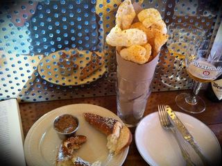 Snacks at Publican: organic pretzel with bavarian mustard, spicy pork-rinds