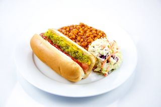 Hot Dog with Baked Beans and Coleslaw