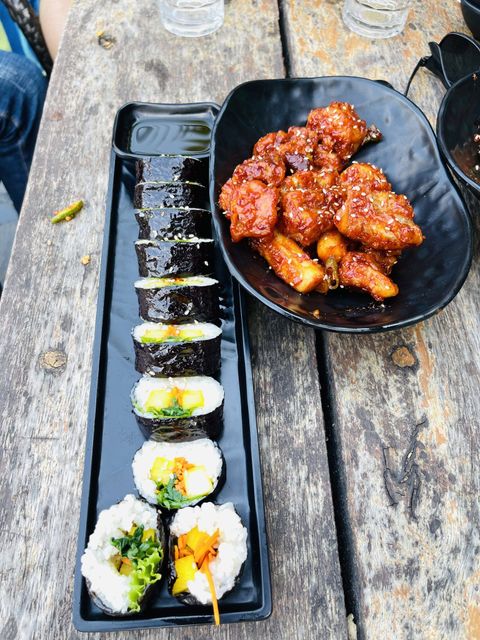 Dakgangjeong is a dish of chicken that is fried twice and then sautéed in a sweet, spicy, thick, and slightly sticky sauce.