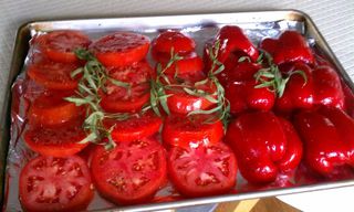 Prep for Piperade: Roasted peppers, tomatoes & caramelized onions