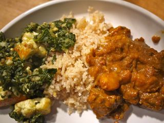 Saag paneer, spiced rice, lamb vindaloo