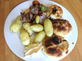 Homegrown new potatoes, knish and kebabs