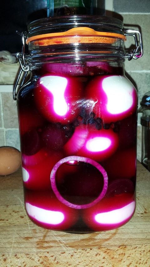 Pickled Eggs with beetroot and red onions, last batch. I promise.