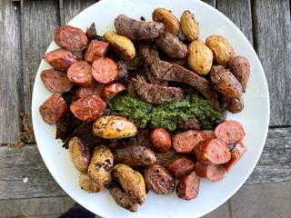 Sausage, potatoes, steak and Zhoug - Sarah Stierch