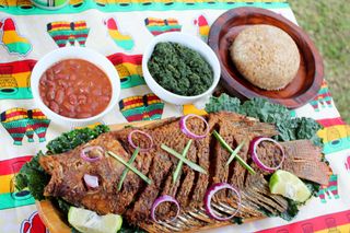 Tilapia bream, beans, muboora and rice with peanut butter