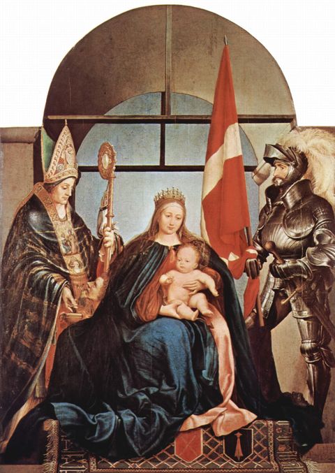 Madonna enthroned with child and two figures by Hans Holbein the Younger