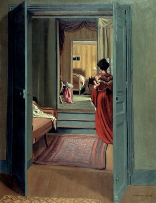 Intérieur avec femme en rouge de dos by Félix Vallotton