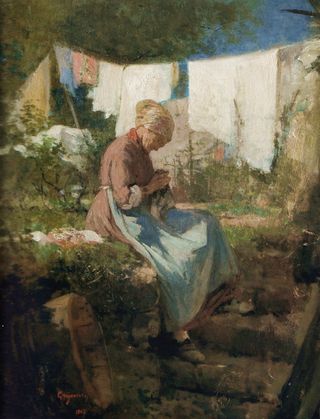 Bătrână cârpind by Nicolae Grigorescu